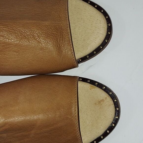 Luxe De Leon LDL Tan Leather Peep Toe Slide On Sandals Sz 9.5 - Picture 9 of 9